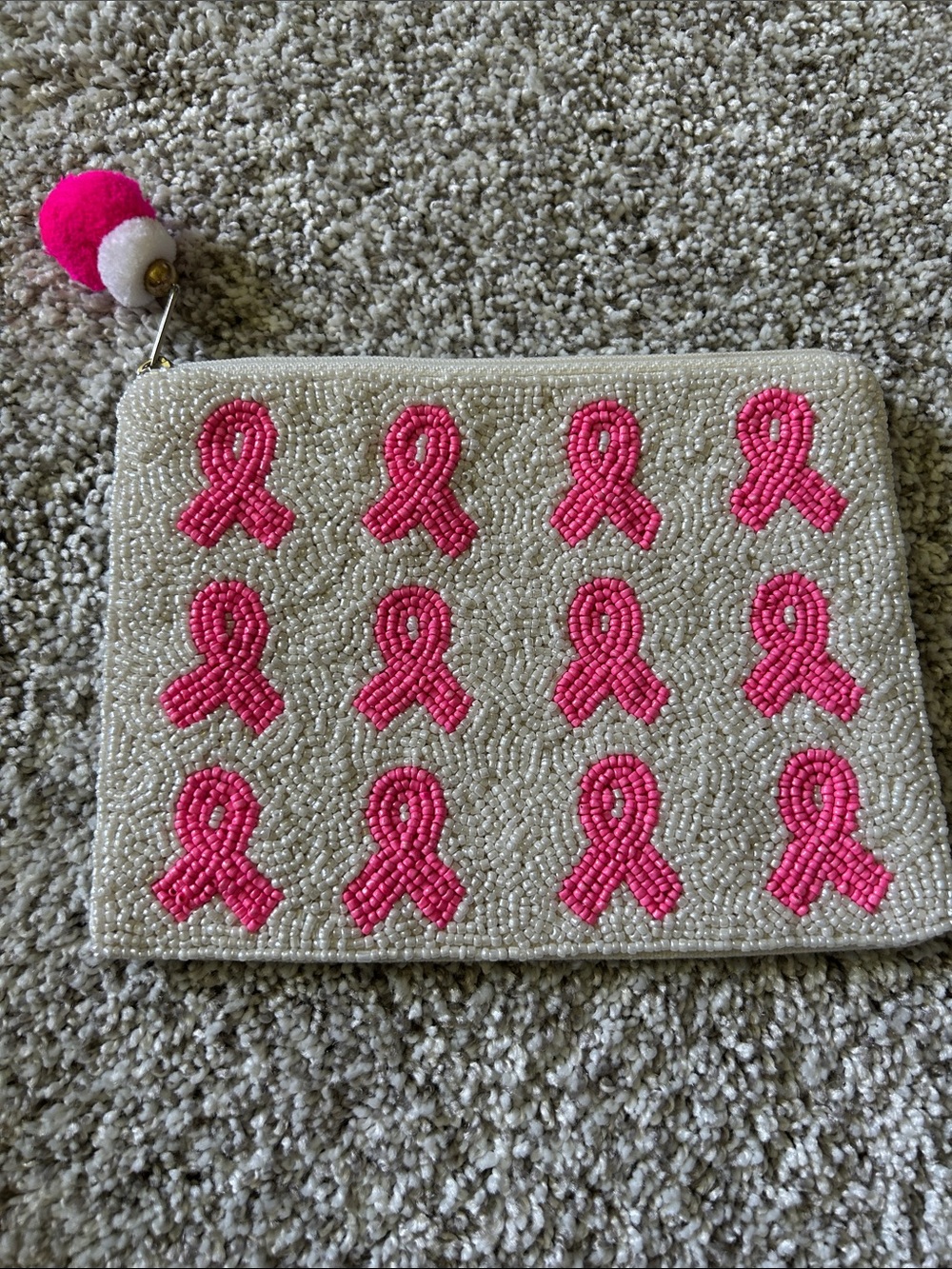 Beaded Pink Ribbon Clutch Pouch